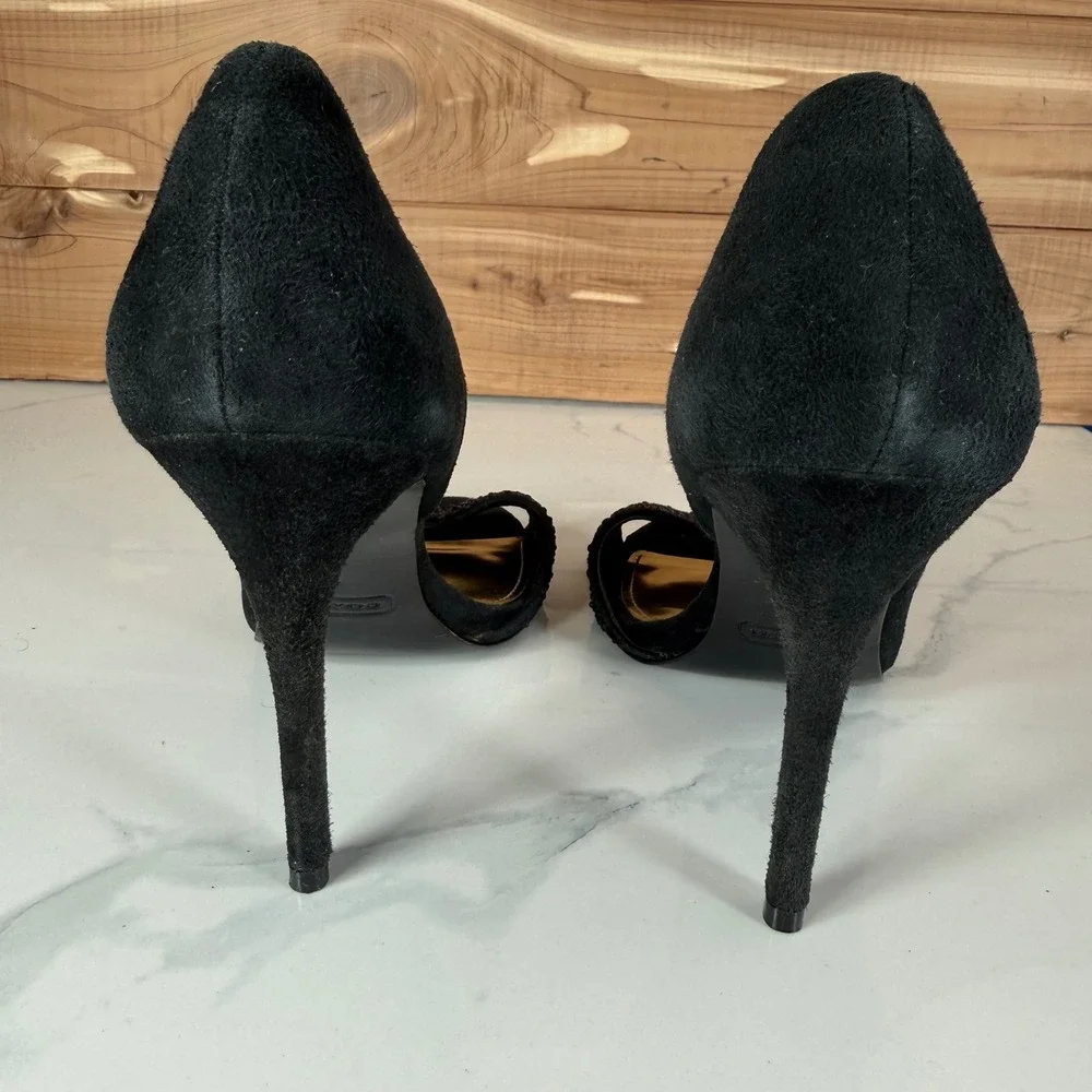 Coach Black Suede Rhinestone Peep Toe Pumps d'Orsay Stiletto Heels‎ Womens 6B